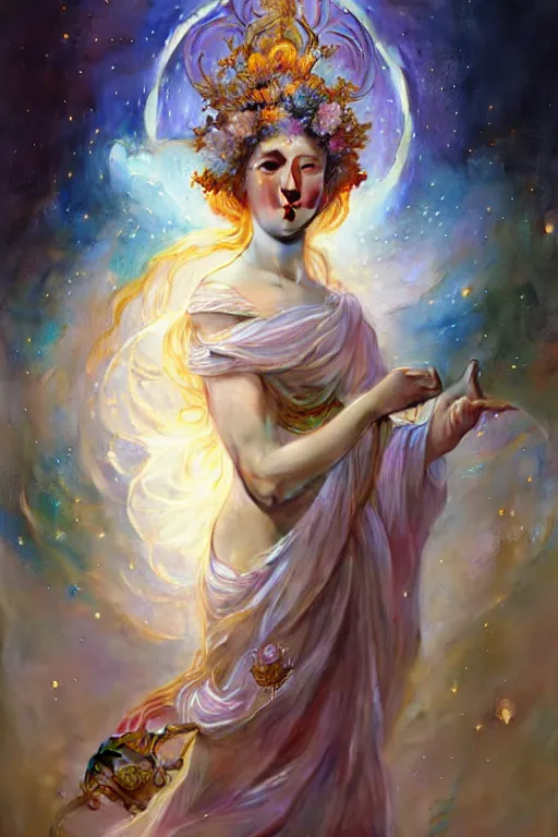 Image similar to Full view realistic ethereal stunning Celestial Goddess of cosmic nebula in a beautiful dress, 4k digital painting masterpiece by Mandy Jurgens and Ruan Jia, ornate Iconography background in the style of Alphonse Mucha, tarot card, amazing, magnificent, mystical, Hyperdetailed, award winning art, Ross Tran, wlop, Artgerm, Craig Mullins, detailed and realistic, soft lighting, intricate details, realistic, full view, Artstation, CGsociety