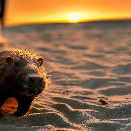 Image similar to a closeup photorealistic photograph of a cute smiling knitted capybara chasing a beachball at sunset. professional capture. this 4 k hd image is trending on artstation, featured on behance, well - rendered, extra crisp, features intricate detail, epic composition and the style of unreal engine.