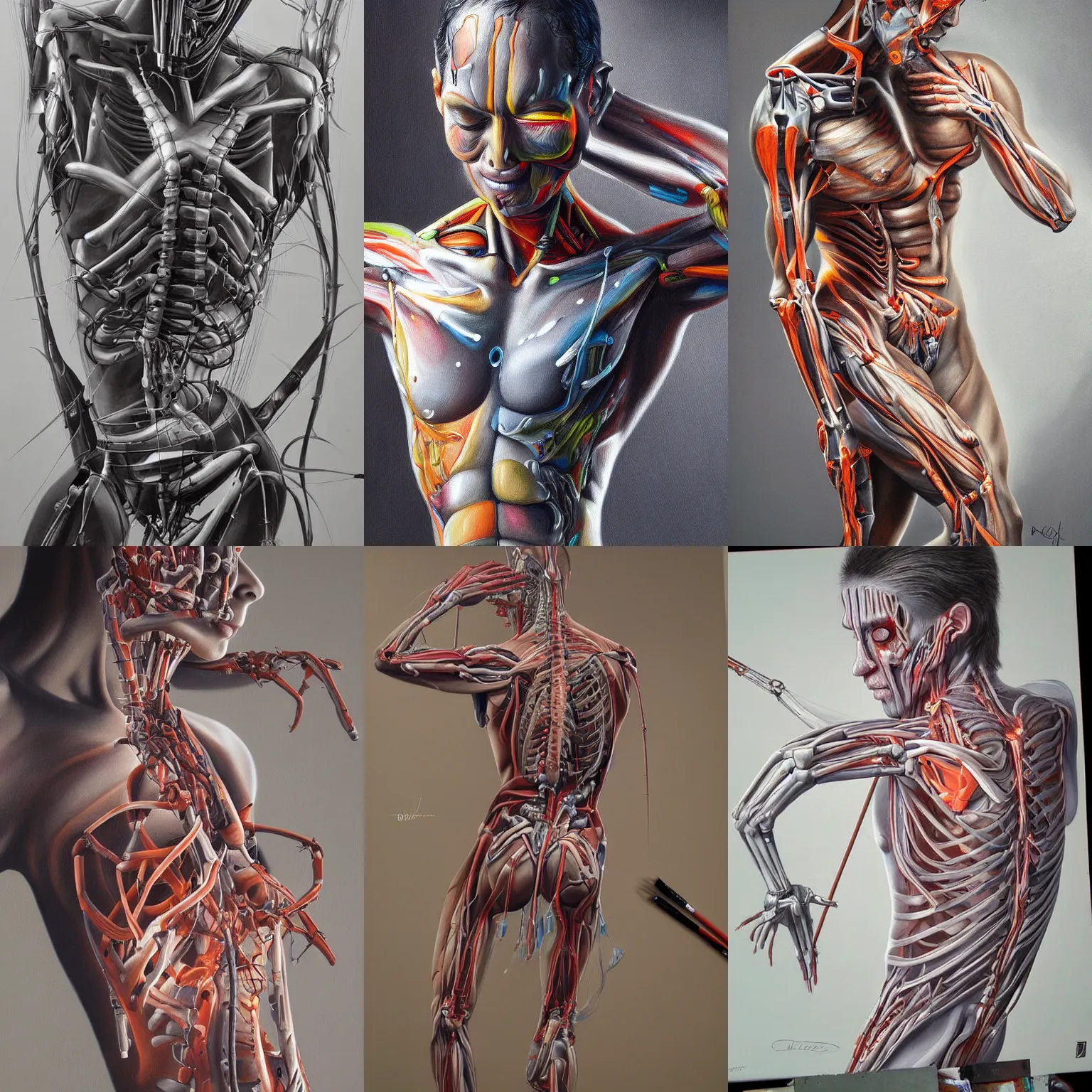 Prompt: detailed, intrincate painting of a biomechanic being painted by Oscar Chichoni, HD, high quality