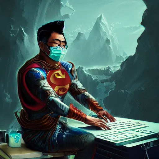 Image similar to an insanely detailed painting of a asian man wearing a homemade superhero costume and mask, sitting at a computer desk typing on the keyboard, in the style of peter mohrbacher, dramatic lighting and composition, trending on artstation, concept art, comic book, graphic novel, back view