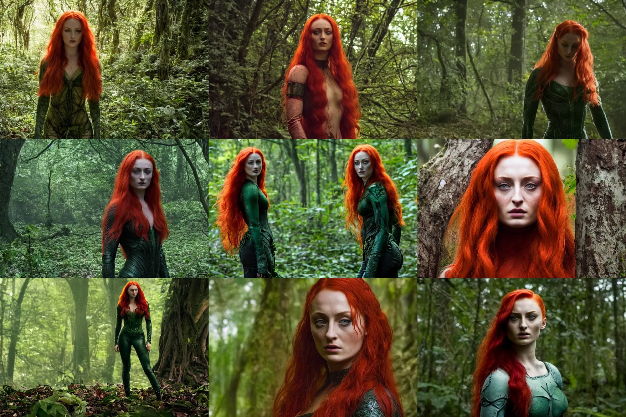 Prompt: sophie turner as poisonivy, movie directed by joss whedon, movie still frame, promotional image, critically acclaimed, top 6 best movie ever imdb list, symmetrical shot, idiosyncratic, relentlessly detailed, cinematic colour palette