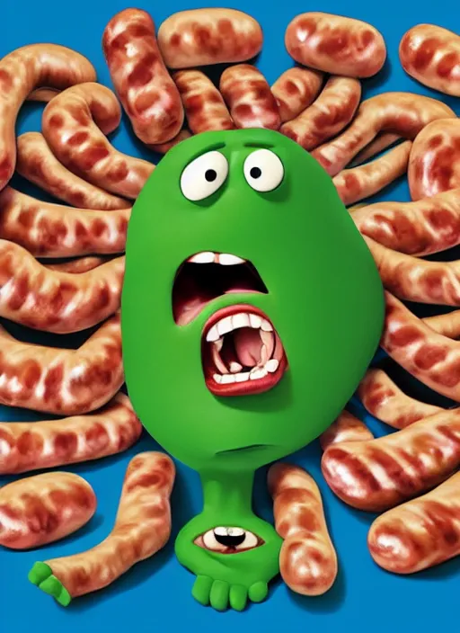 Prompt: hyperrealistic mark ruffalo caricature screaming on a dartboard surrounded by big fat frankfurter sausages with a trippy surrealist mark ruffalo screaming portrait on The Amazing World of Gumball by and memphis group and aardman animation, mark ruffalo caricature dartboard with hot dogs, mascot, target reticles, dart board