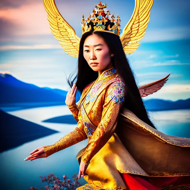 Prompt: beautiful asian mongolian princess goddess spreading its wings, princess wearing a beautiful ornate crown, in the background lake baikal is seen, atmospheric lighting, intricate, volumetric lighting, beautiful, sharp focus, ultra detailed, in the art style of bagshaw tom