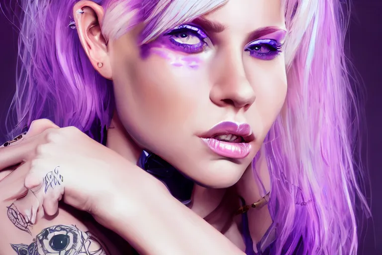 Prompt: flirty portrait of a blonde cyberpunk hottie with white french bob style hair and tattooed purple skin everything below her chin highly detailed, elegant, attractive, artstation, 16k, smooth, sharp focus, trending on ArtStation
