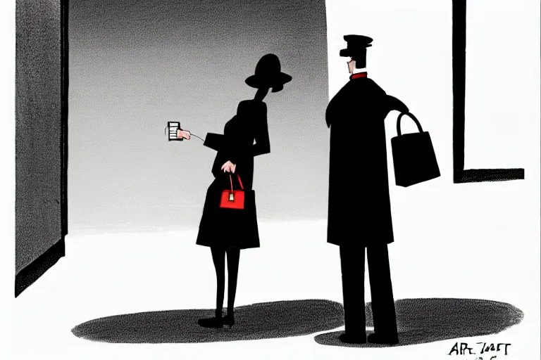 Image similar to tall, security guard checks the bags of a worried looking woman, art in the style of the new yorker,