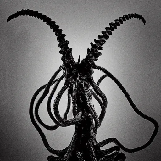 Image similar to a black and white photo of a lovecraftian creature