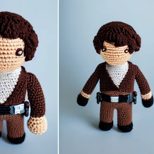 Prompt: a crochet of han solo, very detailed, complex, intricate,many detailes, realistic, Sigma 50mm f/1.4