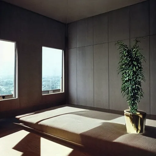 Prompt: “extravagant luxury apartment interior design, by Tadao Ando and Koichi Takada, art, black walls, plants”