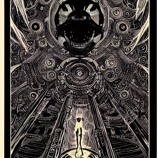 Image similar to black paper + tarot card + eldritch god, vintage detailed sci - fi illustration designed by marc simonetti and mike mignola + psychedelic black light style + intricate ink illustration + symmetry + bloodborne