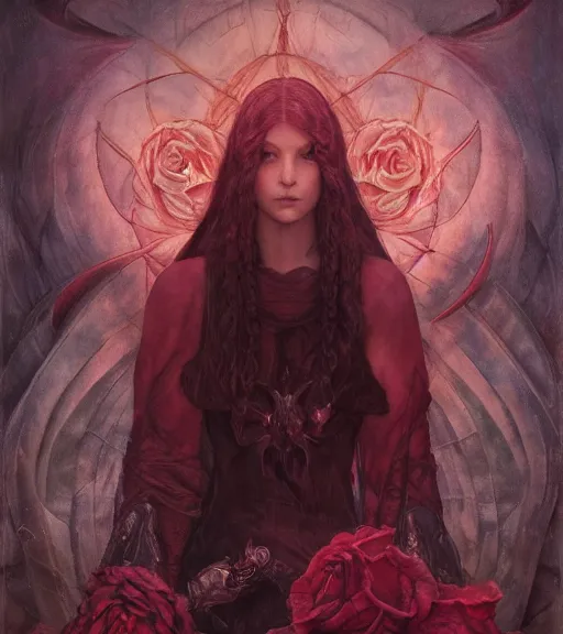 Prompt: blood rose nightmare of the maiden in the fortress of lies, by annie swynnerton and tino rodriguez and charlie bowater and tom bagshaw and nicholas roerich and jean delville and evelyn de morgan and lucien freud, dramatic lighting, floral tattoos, rich colors, smooth sharp focus, anime key visual, extremely detailed, adolf wolfli