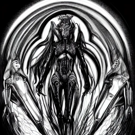 Prompt: detailed black and white science fiction painting of my little pony in the style of h r giger and wayne barlowe