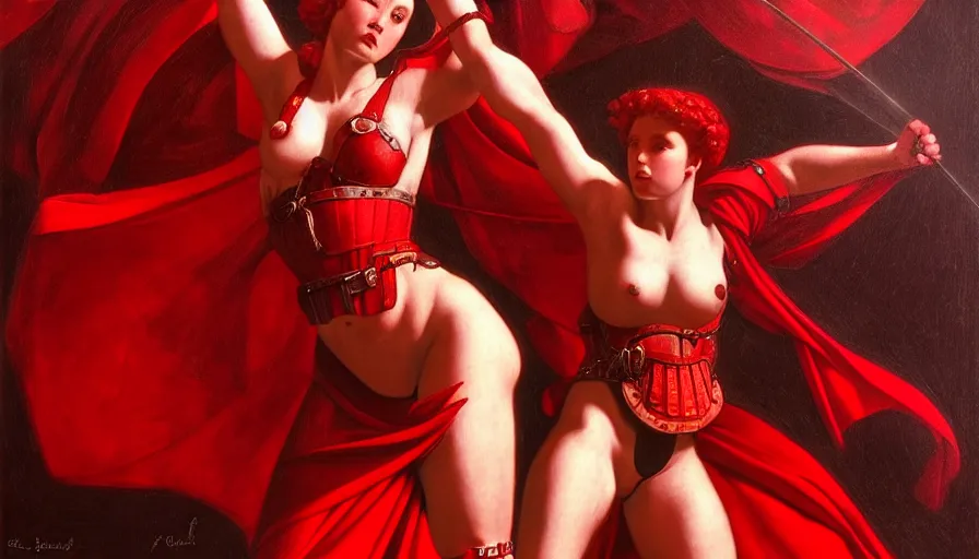 Prompt: only with red, an armored female gladiator in a crowded roman amphitheatre, crowd cheering, in the style of rolf armstrong and ambrosius benson and edward hopper and and rodcenko, intricate and epic composition, red by caravaggio, highly detailed, masterpiece, red light, artstation