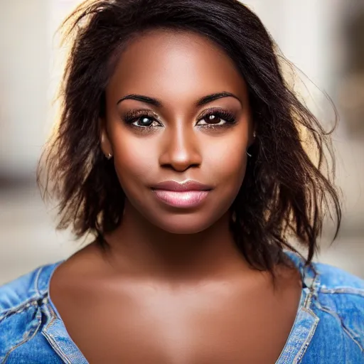 Image similar to a closeup portrait of a black woman with brown hair and brown eyes. Extremely clear and high quality eyes with reflection, realistic face and details, clear lips and high quality