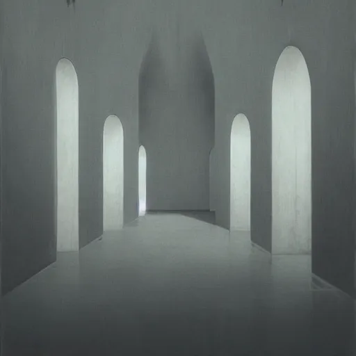 Image similar to empty gallery with the ghost in the middle by Zdzisław Beksiński, irwin penn, Giorgio de Chirico, realistic, digital art, dark, moody, gloomy