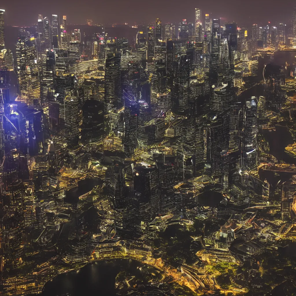 Prompt: blade runner style scenery in singapore with marina bay sands in photorealistic detail hd 8 k