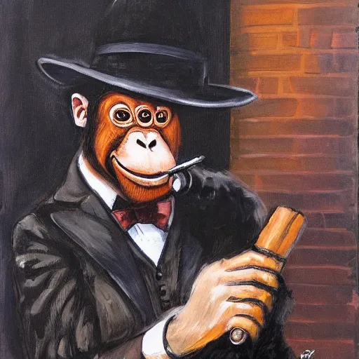 Image similar to orangutan in mafia suit with bowler hat and tommy gun smoking a cigar, dark street scene at night