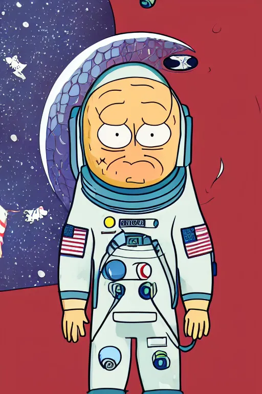 Prompt: portrait of neil armstrong as rick from rick and morty on the moon, spacesuit, flag of usa, 2 d cartoon, digital art