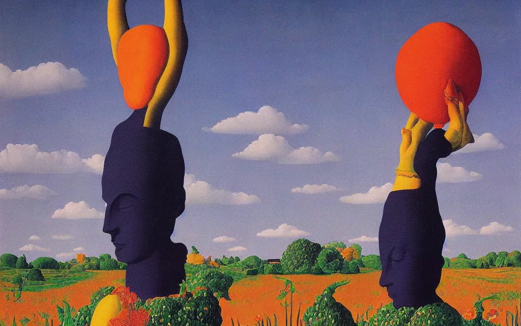 Prompt: hindu god in golden meadow, detailed painting by rene magritte