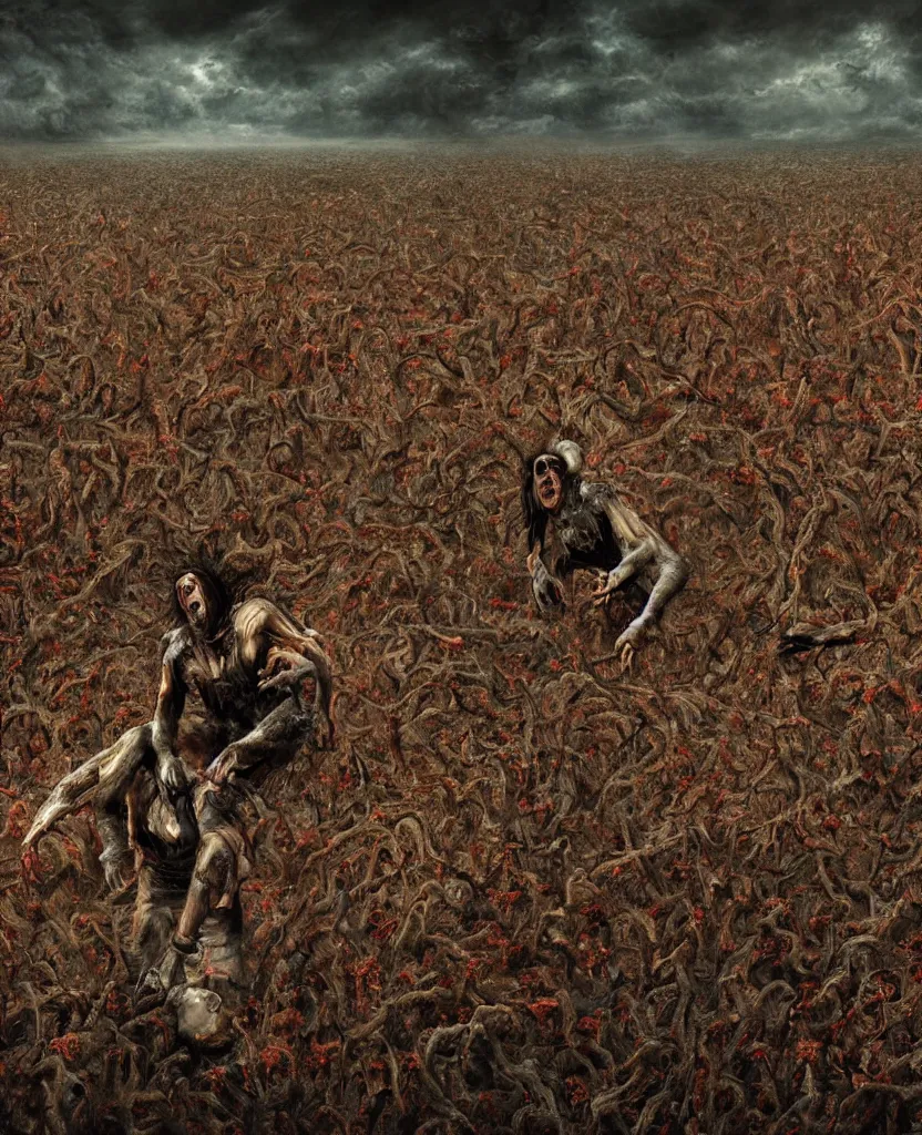 Image similar to endless field stretching to the horizon made from rotten bloody corpses of Nicolas Cage, body horror, flesh, blood, grotesque hell, highly detailed, vivid colors, dark shadows, contrast, concept art, sharp focus, digital art, Hyper-realistic, 4K, Unreal Engine, Highly Detailed, Dramatic Lighting, Beautiful, by Brom, bastien lecouffe-deharme