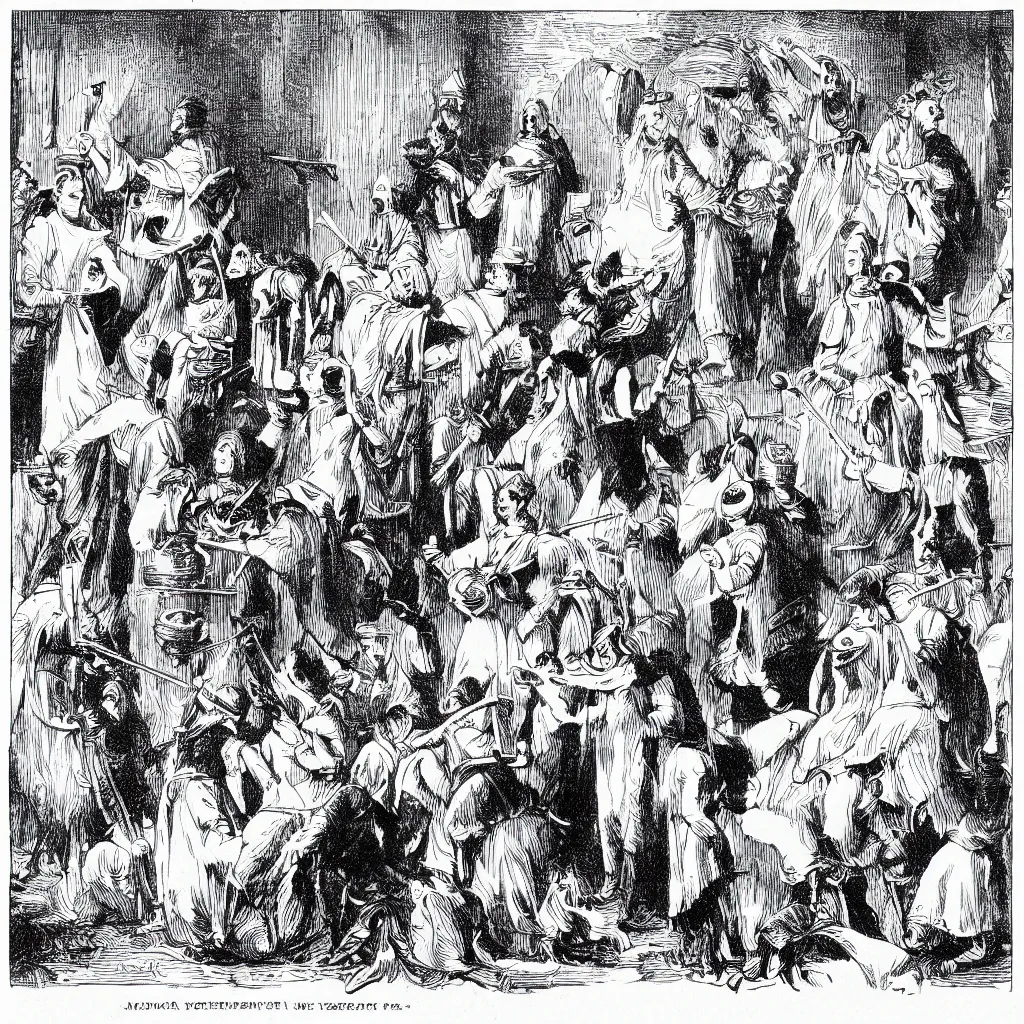 Prompt: black and white book illustration from 1 8 9 5 on yellowing paper. the illustration depicts medieval musicians worshipping a deer