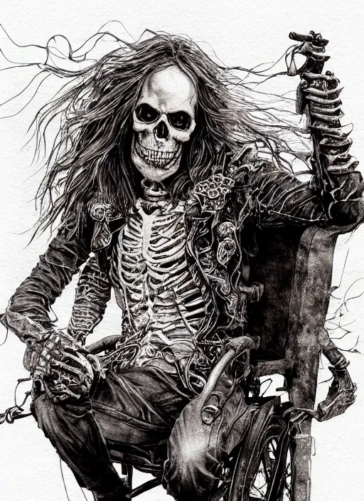 Prompt: portrait, A long haired biker skeleton in a wheelchair, watercolor, dramatic lighting, cinematic, establishing shot, extremely high detail, foto realistic, cinematic lighting, pen and ink, intricate line drawings, by Yoshitaka Amano, Ruan Jia, Kentaro Miura, Artgerm, post processed, concept art, artstation, matte painting, style by eddie mendoza, raphael lacoste, alex ross