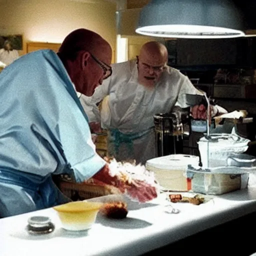 Image similar to “Very photorealistic screenshot of Joe Biden and Walter White cooking drugs in an episode of Breaking Bad, atmospheric lighting, award-winning”