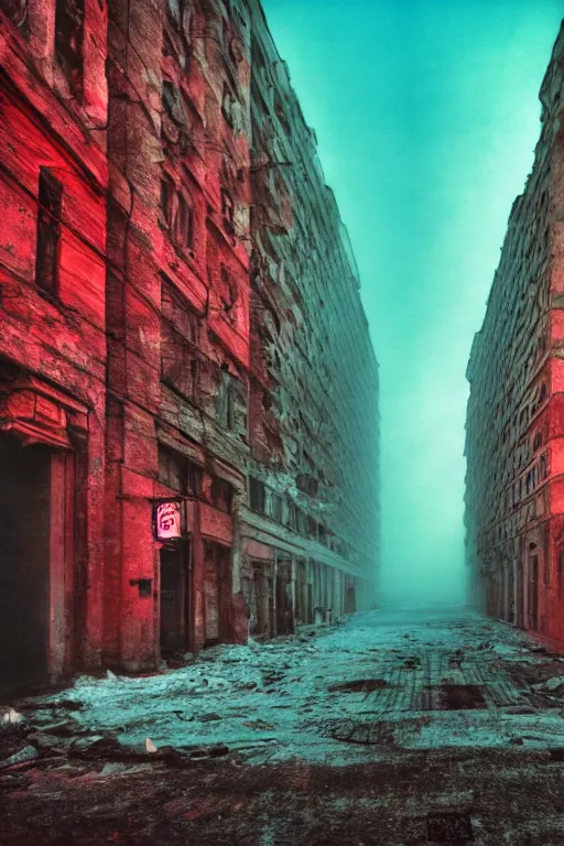 Prompt: weathered analog photo of an abandoned city block, russian architecture, concrete, azure tones, fog, mist, lensflare, neon lights, red lasers, depth of field, color bleed, heavy film grain