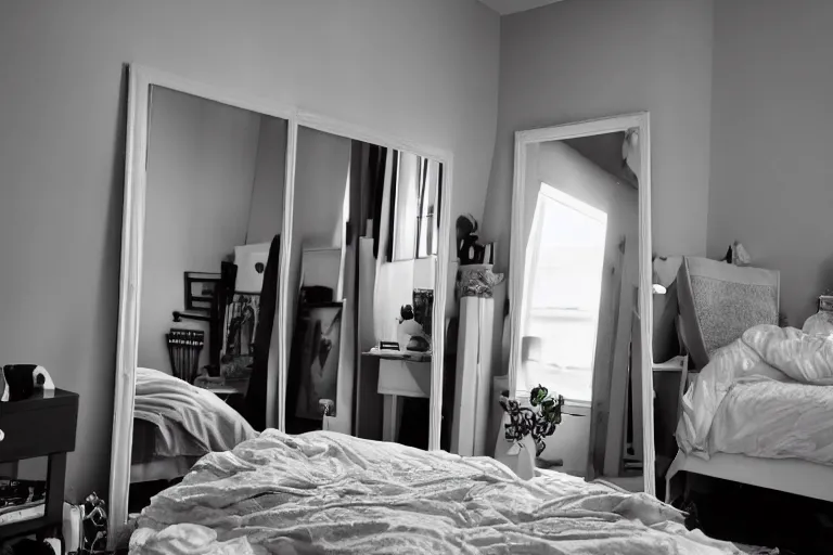 Prompt: a messy bedroom with several tall mirrors, well lit, studio photo