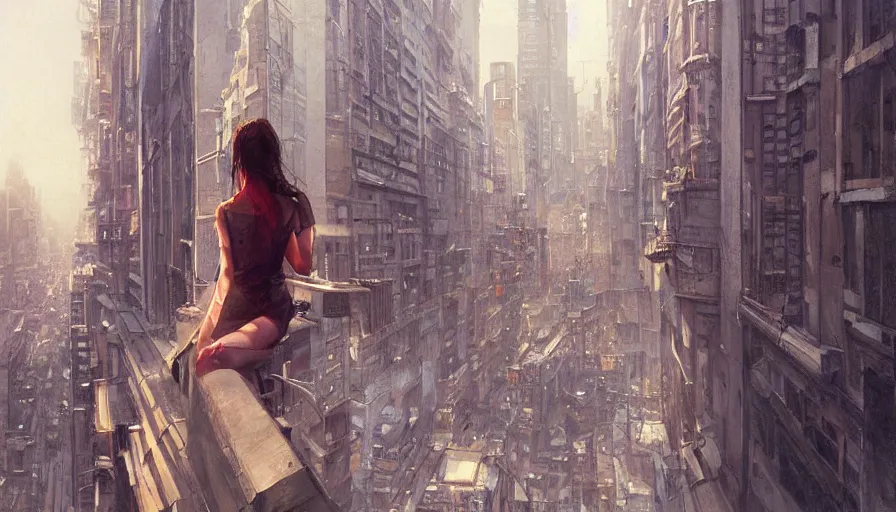 Image similar to woman, city, looking down, street top view by wlop, artgerm, greg rutkowski