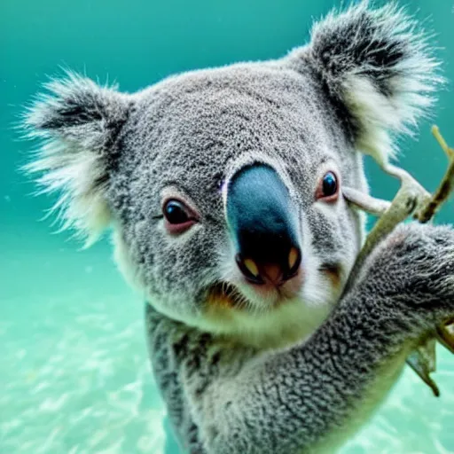 Image similar to koala swimming under water with his friend a frog