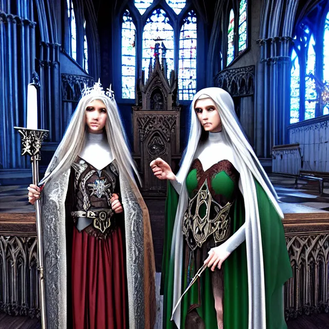 Prompt: an elf queen and ice queen in a gothic church, highly detailed, 4 k, hdr, smooth, sharp focus, high resolution, award - winning photo, close up, illustrated by anne stokes, photorealistic