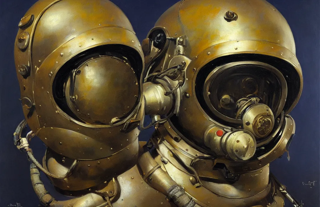 Image similar to portrait of deep sea diver helmet, the notorious b. i. g.!!!!!!!!!!!!!!!!!!!!!!!!!!!, detailed face, detailed painting, epic lighting, by ilya repin, phil hale and kent williams