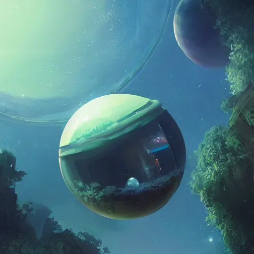 Image similar to a sphere aquarium in the size of a planet, floating in space. illustration, digital art, realistic, pixar style, by greg rutkowski and ash thorp, vivid colors, detailed, trending on artstation, high quality, cinematic