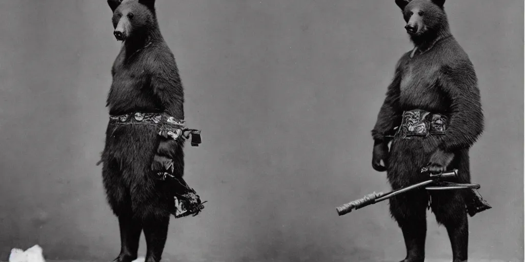 Prompt: anthropomorphic asian black bear in full samurai armor, 1900s photo