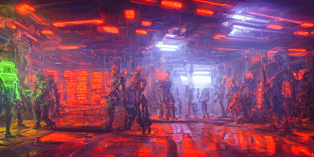 Prompt: futuristic neon lit scene of ( death of the money lenders ), ( ( robot cyborgs ) ), futuristic oil painting by rembrandt and jeff koonz, ( ( led panel screens and projections ) ), intricate details, ( ultra realistic ), dynamic lighting, black and orange colour palette, octane render