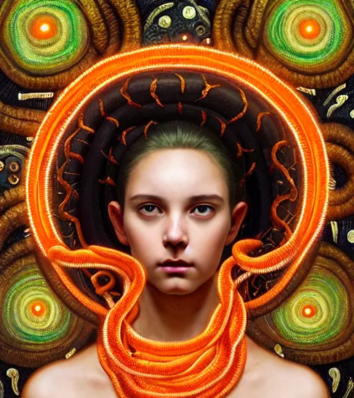 Prompt: portrait of teenage medusa, no hair, sassy expression, black snakes with orange eyes cover her head, wearing an embroidered orange tunic, intricate, elegant, copper and emerald jewelry, glowing lights, highly detailed, digital painting, artstation, concept art, smooth, sharp focus, illustration, art by wlop, mucha, artgerm, and greg rutkowski