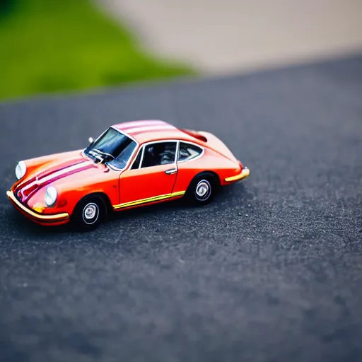 Image similar to close up photo of a small toy porsche 9 1 1 9 6 4 on a road stripe, cinematic, shallow dof, 3 5 mm, 4 k, macro