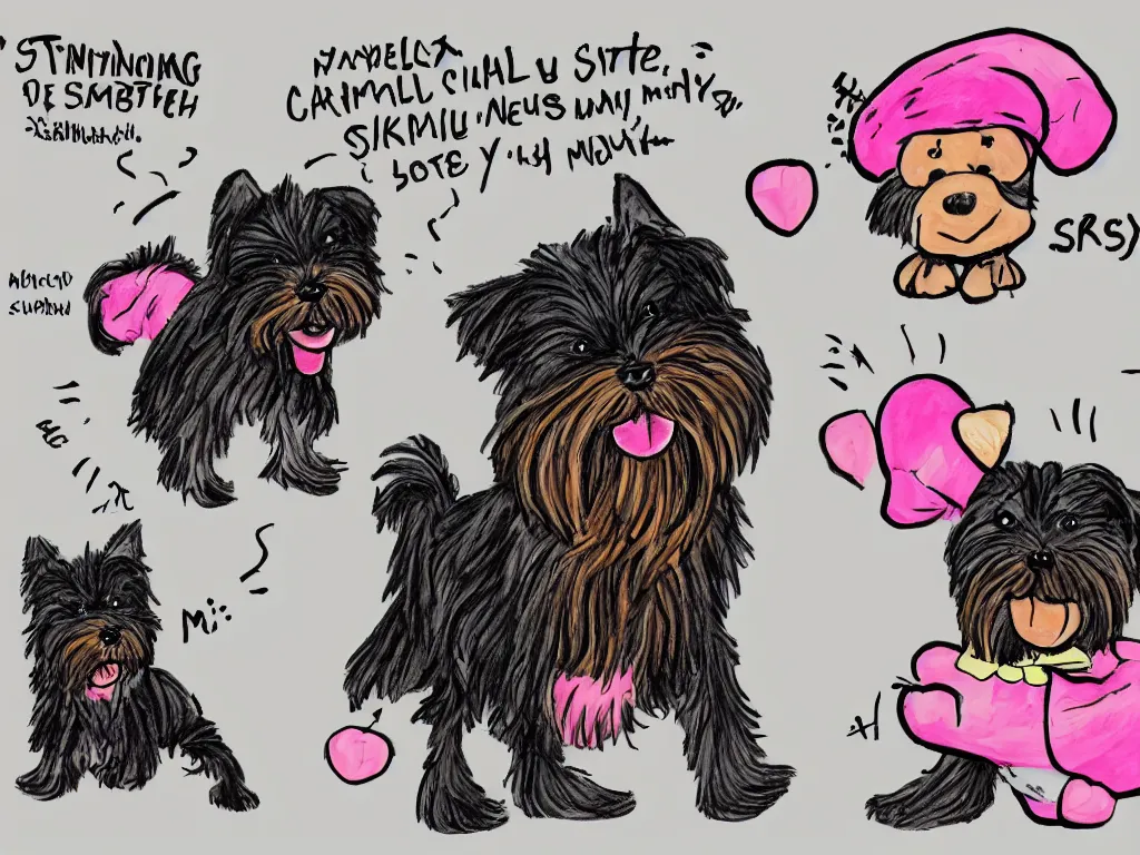 Image similar to a comic strip of a smiling black and caramel Yorkshire Terrier, a pink rubber monkey in front of a simply sketch background , courtroom art, art by Mauricio de Sousa