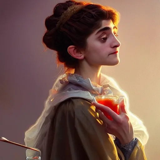 Prompt: Natalia Dyer Eating Big Macs, dripping BBQ Sauce, serving burgers, D&D, fantasy, intricate, elegant, highly detailed, digital painting, artstation, concept art, matte, sharp focus, illustration, hearthstone, art by Artgerm and Greg Rutkowski and Alphonse Mucha