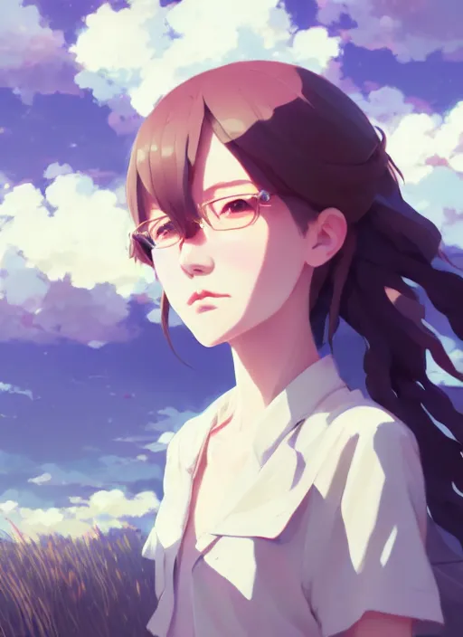 Image similar to portrait of emma stonel, cloudy sky background lush landscape illustration concept art anime key visual trending pixiv fanbox by wlop and greg rutkowski and makoto shinkai and studio ghibli