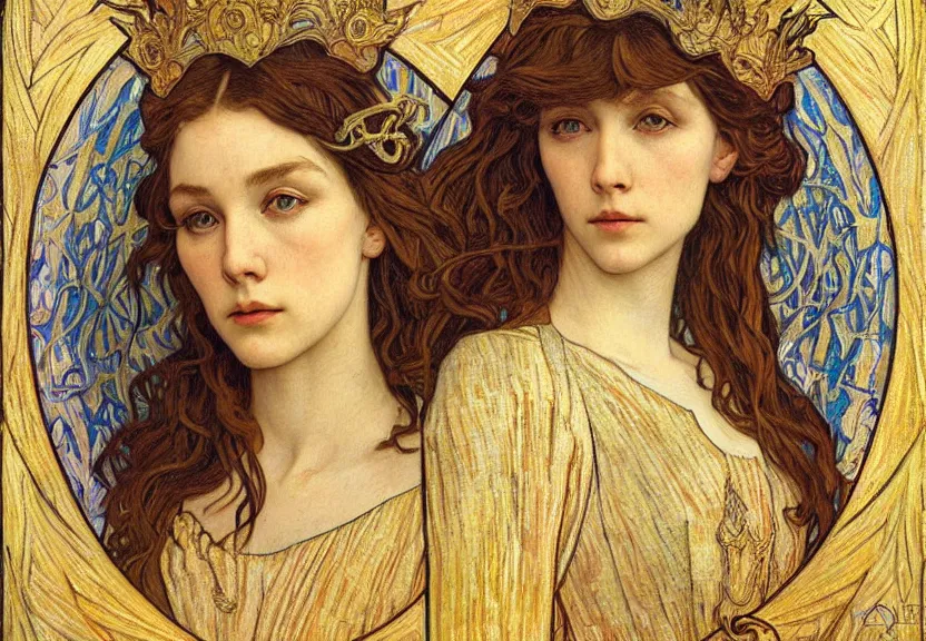 Image similar to detailed realistic beautiful young medieval queen face portrait by jean delville, alphonse mucha, vincent van gogh, and marco mazzoni, art nouveau, symbolist, visionary, gothic, pre - raphaelite