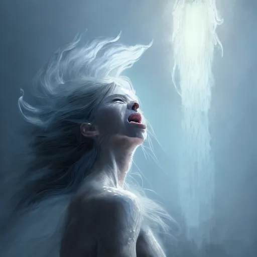 Image similar to a roaring and crying ghost, tall, silver skin, illustration, cinematic lighting, 8 k, d & d, frostbite 3 engine, dof, artstation, intricate, digital art, crepuscular ray, art by tsuyoshi nagano, greg rutkowski, stanley artgerm