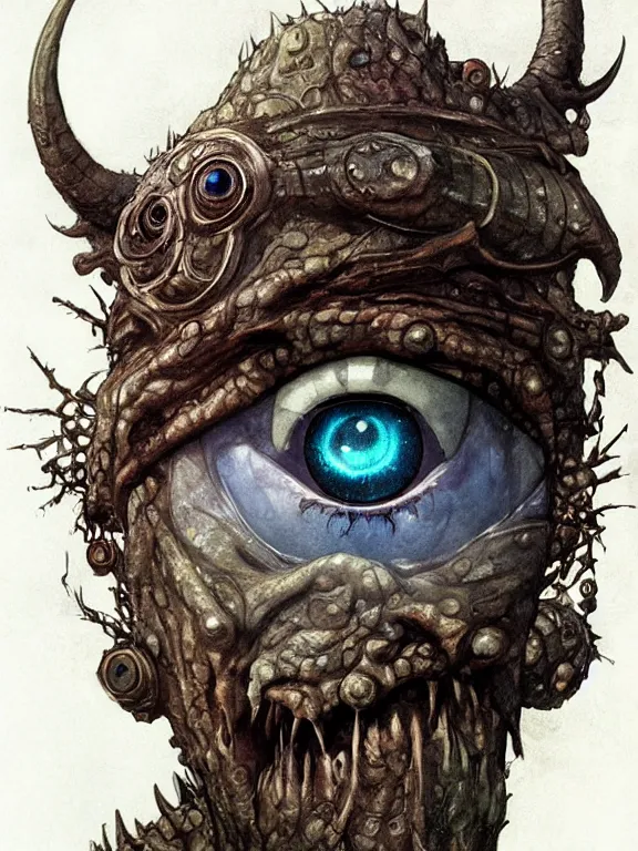 Prompt: one-eyed fantasy cyclops concept art with one huge eye in the center and with smooth skin in place of the nose. Without the nose. Extremely high detail, details, realistic, fantasy art, solo, masterpiece, portrait, saturated colors, art by Arthur Rackham, Dariusz Zawadzki, Muzinabu