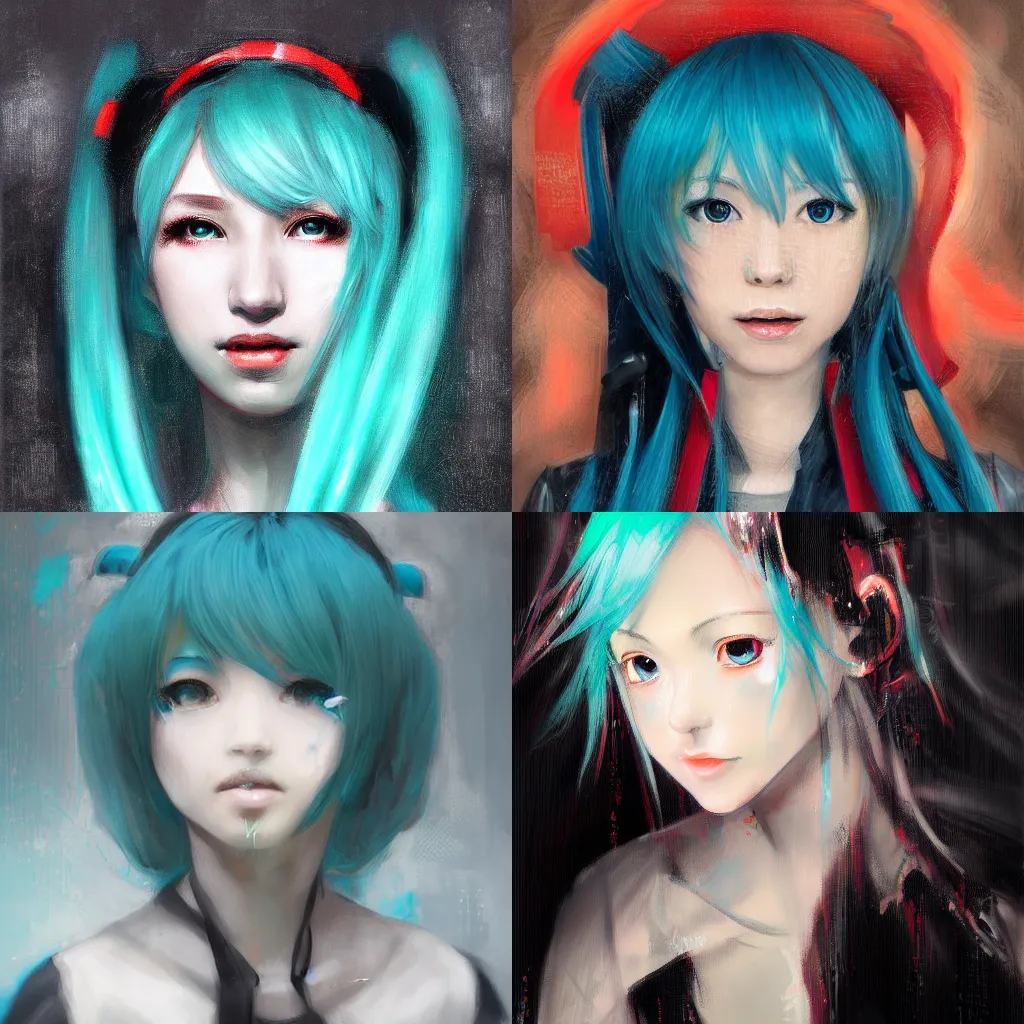 Prompt: A hyperdetailed digital oil portrait painting of Hatsune Miku in the style of Guy Denning and Ruan Jia. Trending on ArtStation and DeviantArt. Digital art.