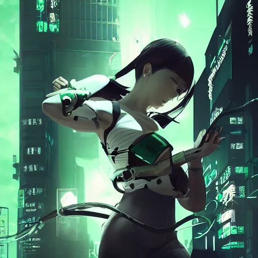 Prompt: Frequency indie album cover, luxury advertisement, white and green colors. highly detailed post-cyberpunk sci-fi close-up cyborg assassin girl in asian city in style of cytus and deemo, mysterious vibes, by Ilya Kuvshinov, by Greg Tocchini, nier:automata, set in half-life 2, beautiful with eerie vibes, very inspirational, very stylish, with gradients, surrealistic, dystopia, postapocalyptic vibes, depth of filed, mist, rich cinematic atmosphere, perfect digital art, mystical journey in strange world, beautiful dramatic dark moody tones and studio lighting, shadows, bastion game, arthouse