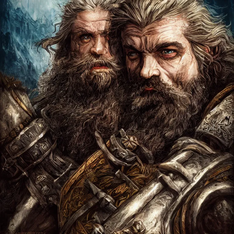 Prompt: handsome dwarf warrior in mountains, lord of the rings style, poster, character portrait, portrait, close up, concept art, intricate details, highly detailed, full body, 8 k