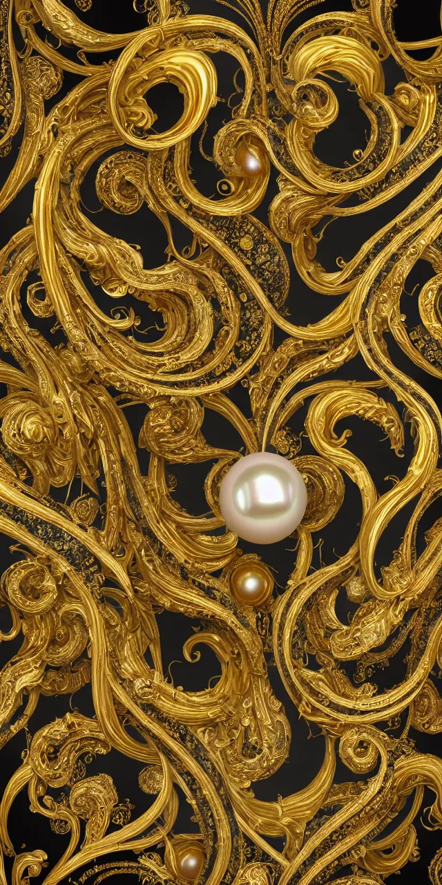 Image similar to subsurface scattering, seamless 3 d baroque gold and black pattern, beautiful dynamic shadows, gold silver iridescent pearls and swarovski crystals, symmetrical, rococo elements, damask pattern, swirls and spirals, dolce and gabanna, michelangelo, iris van herpen artstation, versace pattern, concept design art, octane render, 8 k