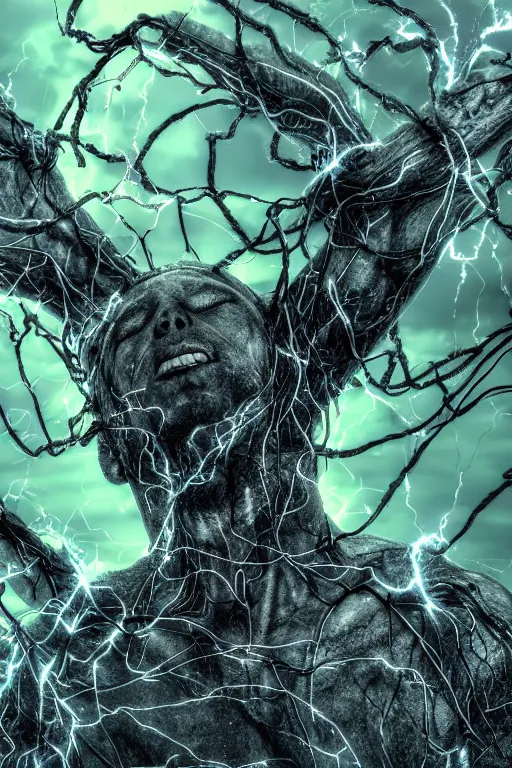 Image similar to high resolution photo of a humanlike creature bundled in electronic wires, overgrown, sparks, electricity, sun beams, rocks, devices, slime, tree roots, veins, lightning, big muscles, sweat, slime, troll, grown together, god rays, dark, skin, plastic wrap,