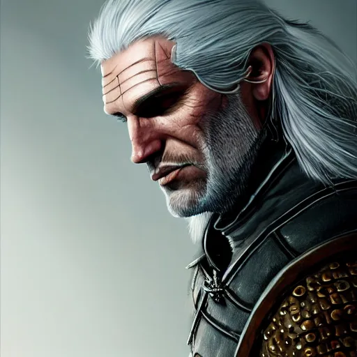 Prompt: geralt of rivia, golden eyes, silver hair, wolf pedant, 4 k, artstation, cgsociety, award - winning, masterpiece, stunning, beautiful, glorious, powerful, fantasy art, bisley, simon