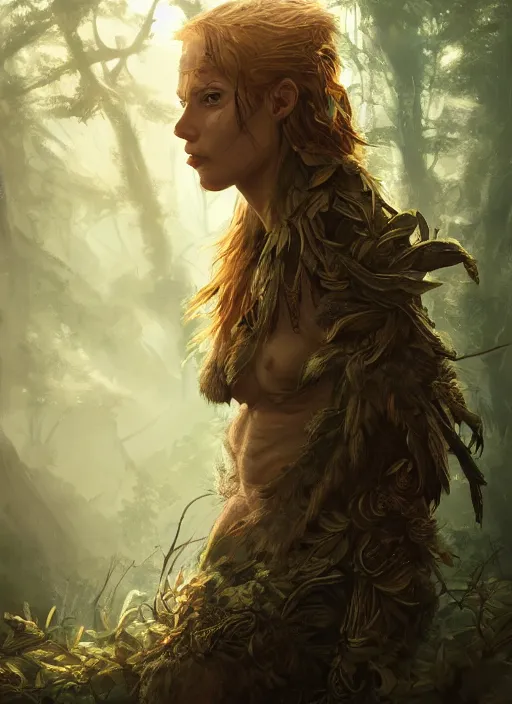 Image similar to portrait of the guardian of the forest, dramatic lighting, soft light, wonderful shading, realistic perfect face, concept art, dynamic pose, digital illustration, trending on artstation, intricate details, epic composition, sharp focus, 8 k uhd, masterpiece, wlop, ross draws